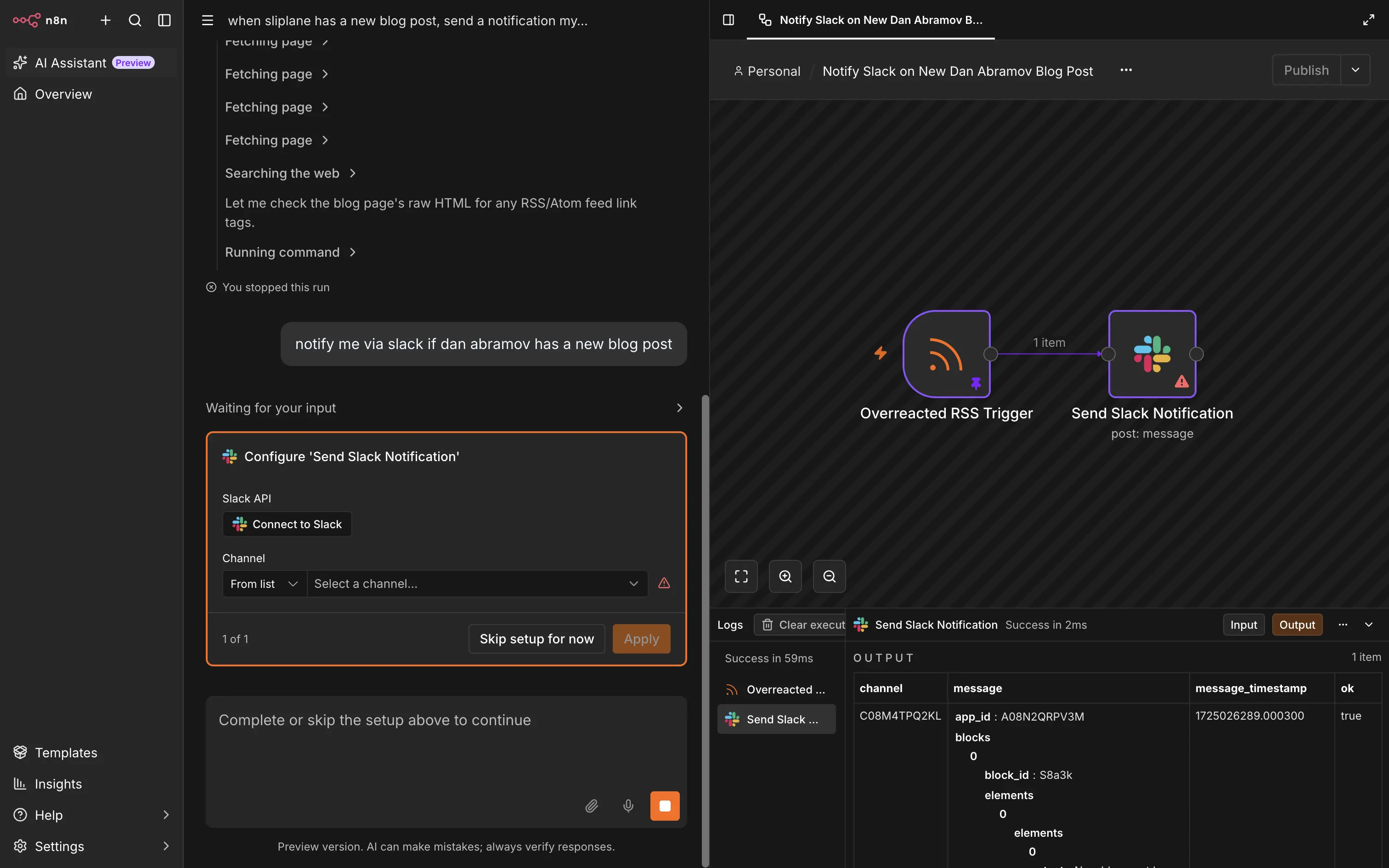 n8n AI Assistant building an RSS-to-Slack workflow